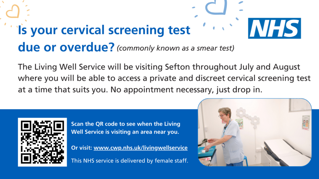 Advert for the cervical screening service in South Sefton, Merseyside