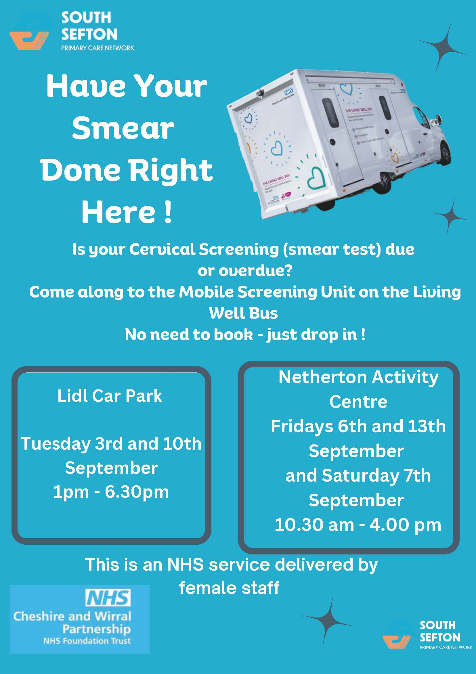 Advert for the cervical screening service in South Sefton, Merseyside, with details of time and dates